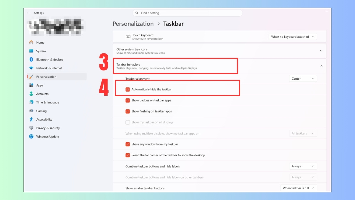 Cách bật, tắt ẩn thanh Taskbar trên Windows 11 bước 4