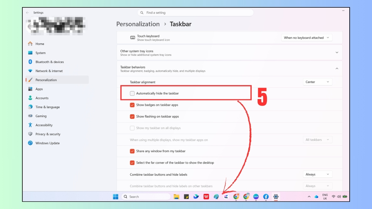 Cách bật, tắt ẩn thanh Taskbar trên Windows 11 bước 5