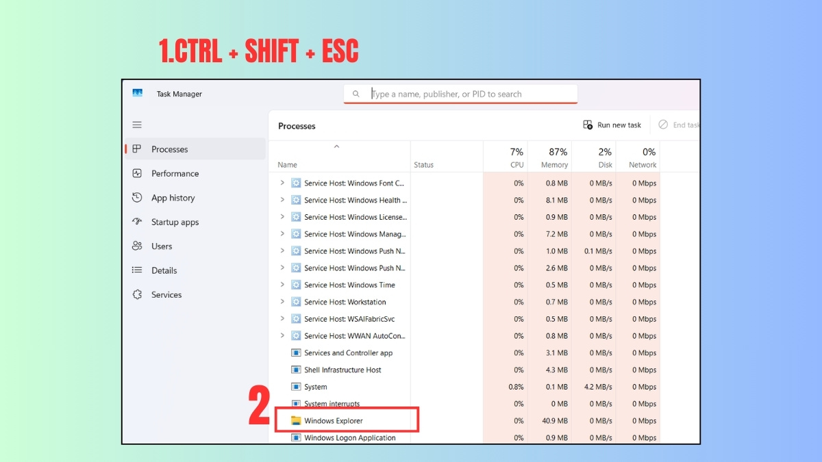 Khởi động lại Windows Explorer bước 2