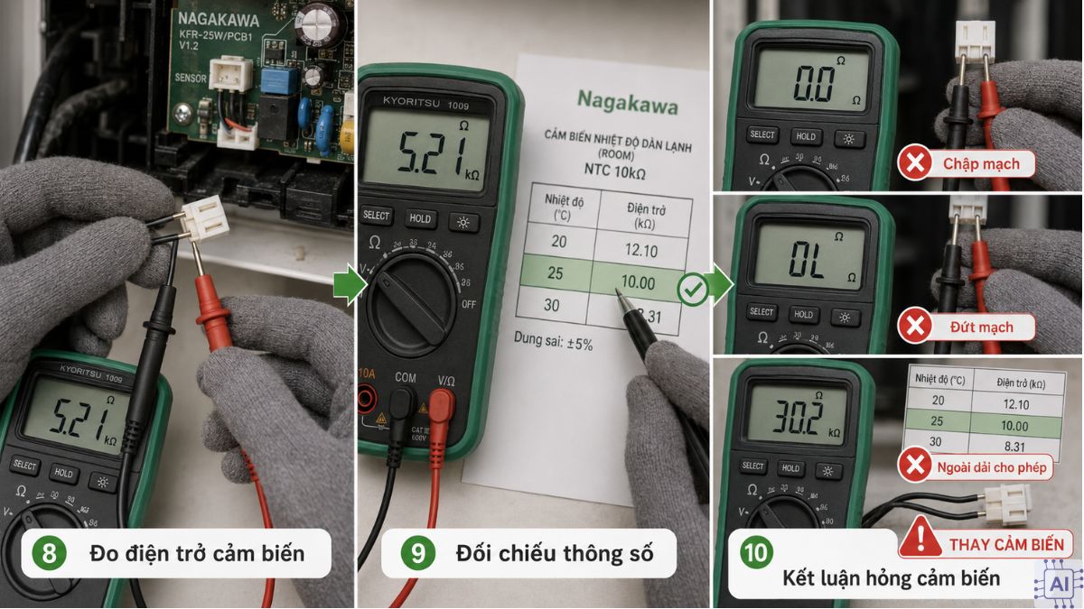 Hướng dẫn kiểm tra lỗi F8 điều hòa Nagakawa đúng kỹ thuật bước 4