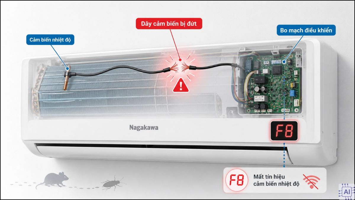 Nguyên nhân gây ra lỗi F8 điều hòa Nagakawa - dây dẫn kết nối cảm biến bị đứt