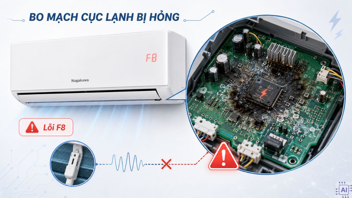 Nguyên nhân gây ra lỗi F8 điều hòa Nagakawa - board mạch cục lạnh bị hỏng