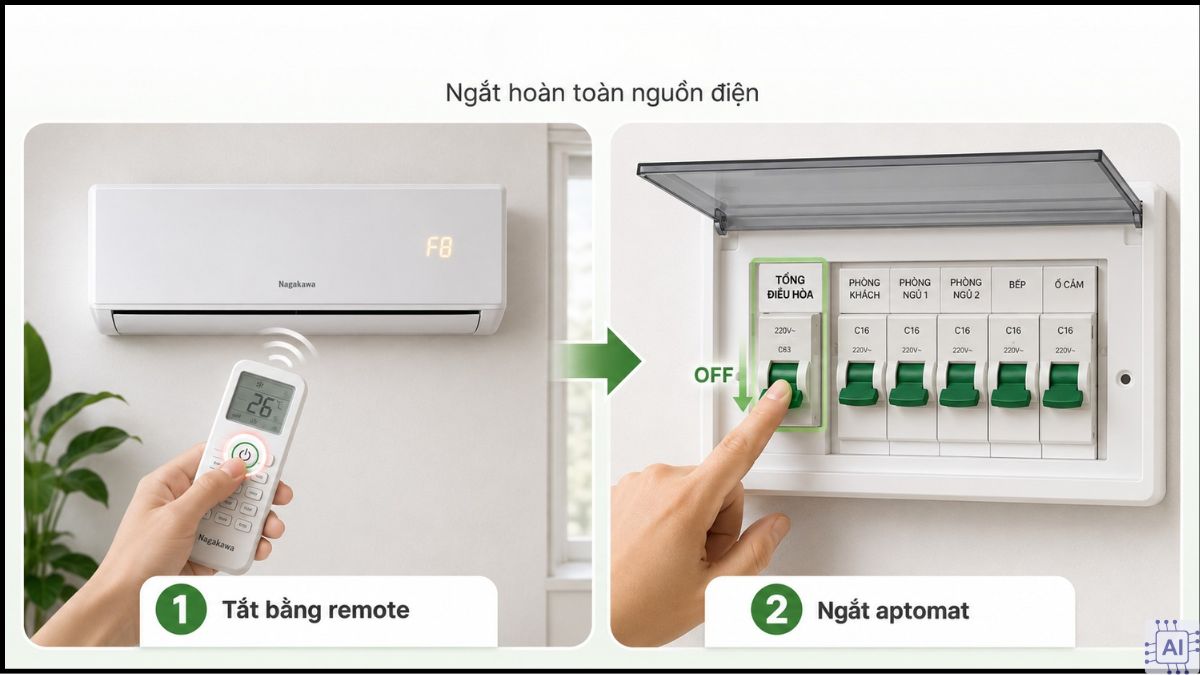 Hướng dẫn kiểm tra lỗi F8 điều hòa Nagakawa đúng kỹ thuật bước 1