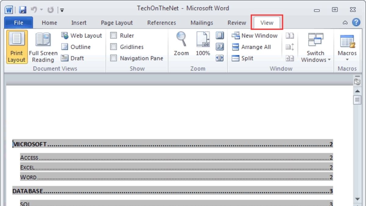 cách bật thước trong Word 2010 bước 1