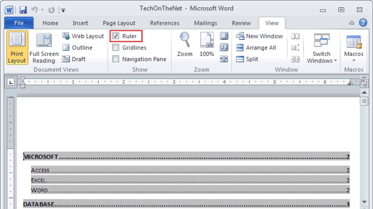 cách bật thước trong Word 2010 bước 2