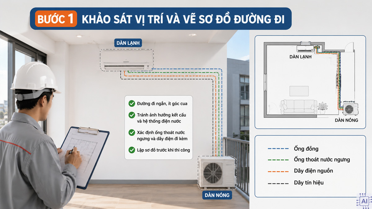 Cách đi ống đồng máy lạnh âm tường chuẩn kỹ thuật bước 1