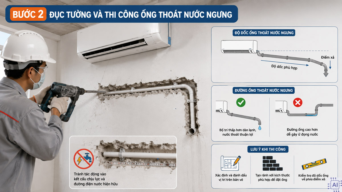 Cách đi ống đồng máy lạnh âm tường chuẩn kỹ thuật bước 2