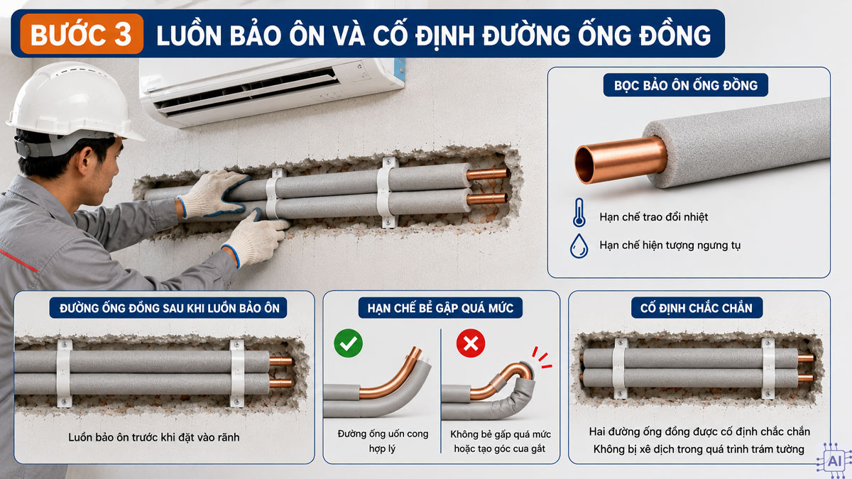 Cách đi ống đồng máy lạnh âm tường chuẩn kỹ thuật bước 3