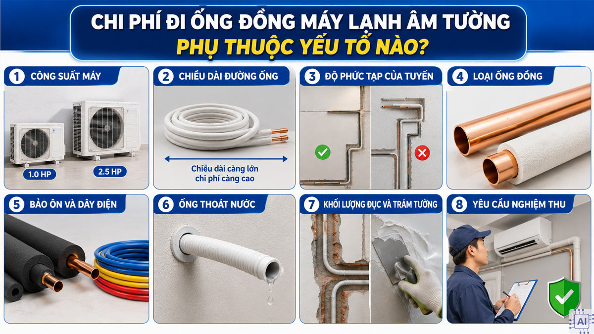 Chi phí đi ống đồng máy lạnh âm tường phụ thuộc yếu tố nào?