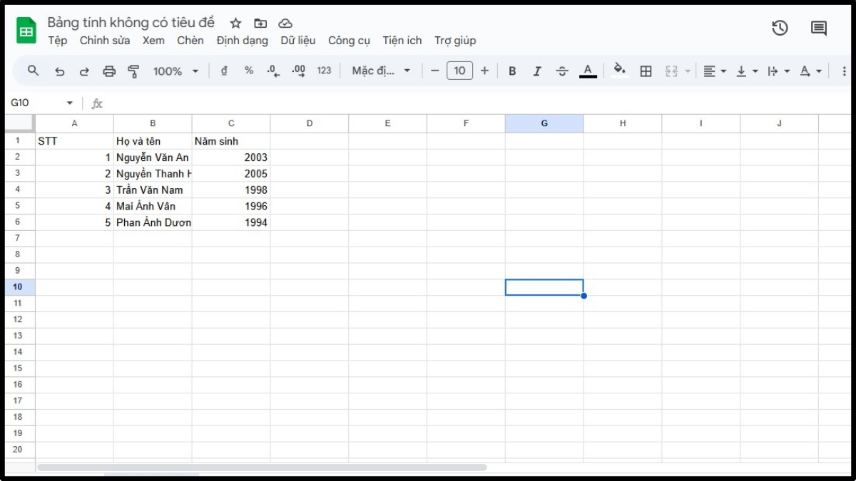 Cách ẩn dòng trong Google Sheet liền kề bước 1