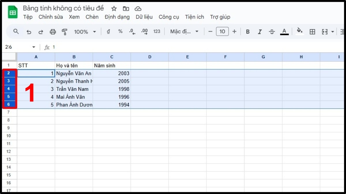 Cách ẩn dòng trong Google Sheet liền kề bước 2
