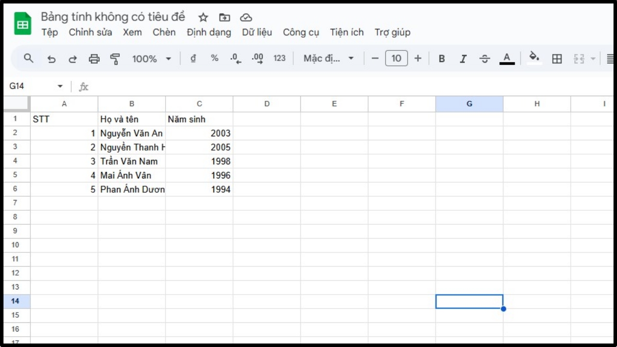 Cách ẩn dòng trong Google Sheet không liền kề bước 1
