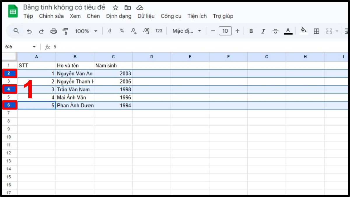 Cách ẩn dòng trong Google Sheet không liền kề bước 2