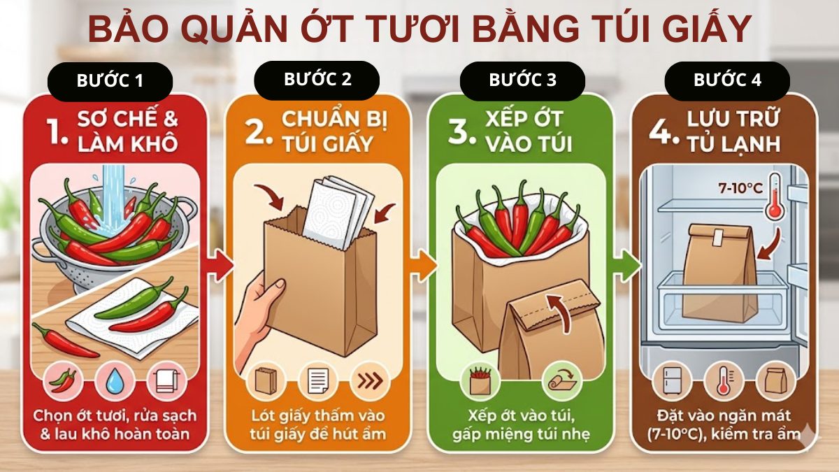 cách bảo quản ớt tươi trong tủ lạnh bằng túi giấy