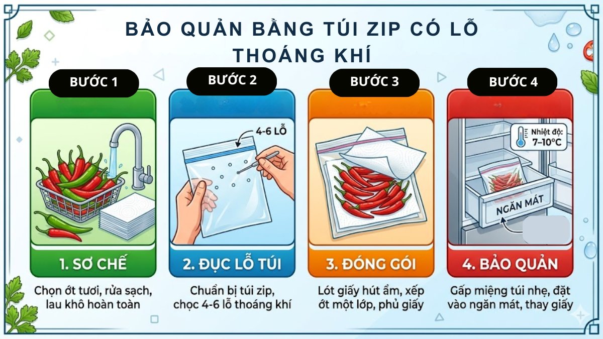 cách bảo quản ớt tươi trong tủ lạnh bằng túi zip có lỗ thoáng khí