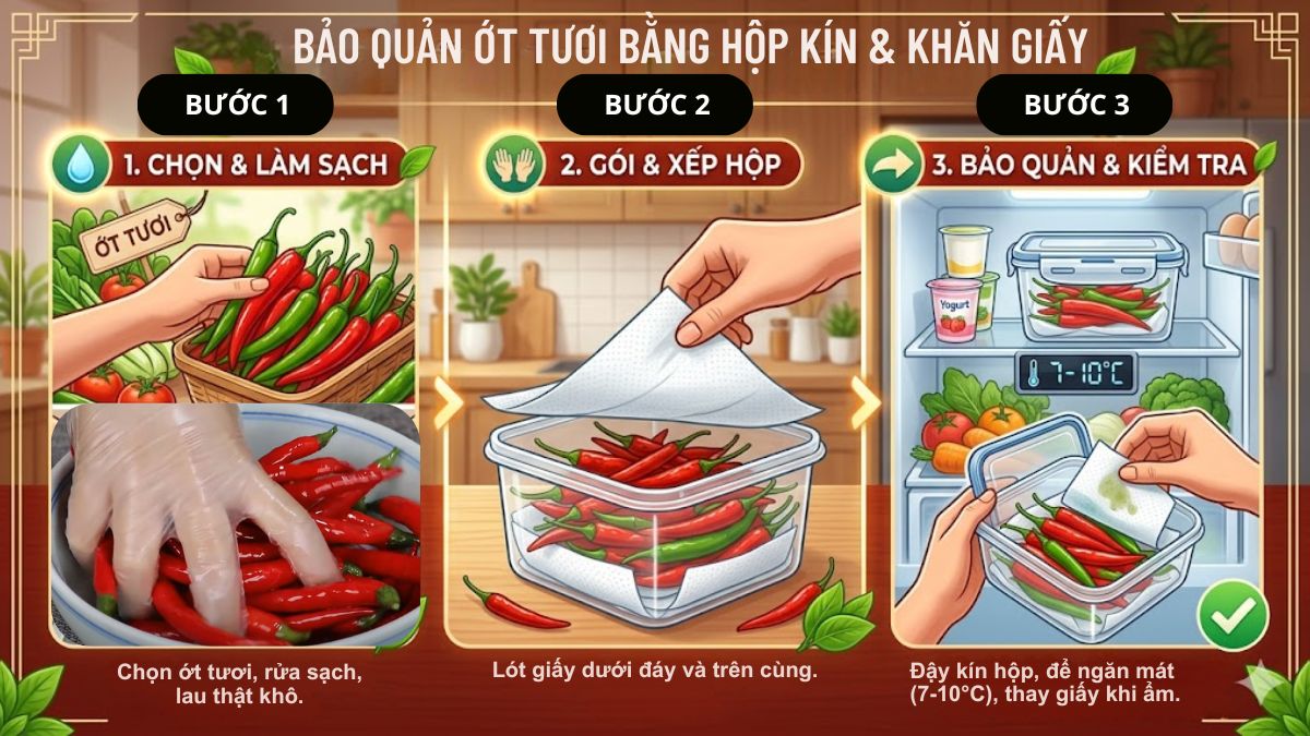 cách bảo quản ớt tươi trong tủ lạnh bằng hộp kín + khăn giấy hút ẩm