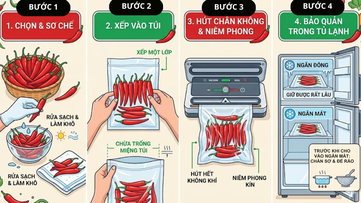 cách bảo quản ớt tươi trong tủ lạnh bằng hút chân không