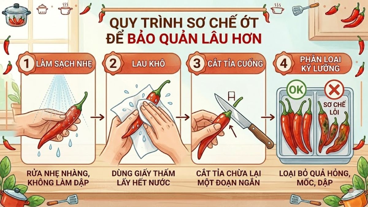 Sơ chế ớt để bảo quản lâu hơn