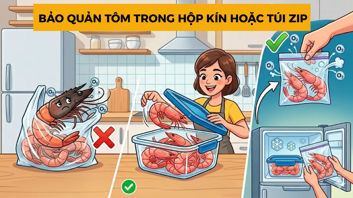 Cách bảo quản tôm tươi trong tủ lạnh không bị đen băng túi zip