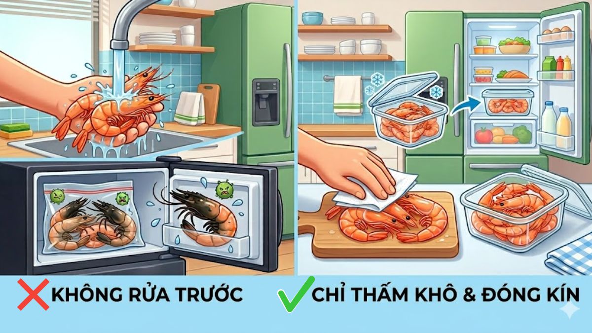 Cách bảo quản tôm tươi trong tủ lạnh không bị đen bằng cách không rửa tôm trước khi bảo quản