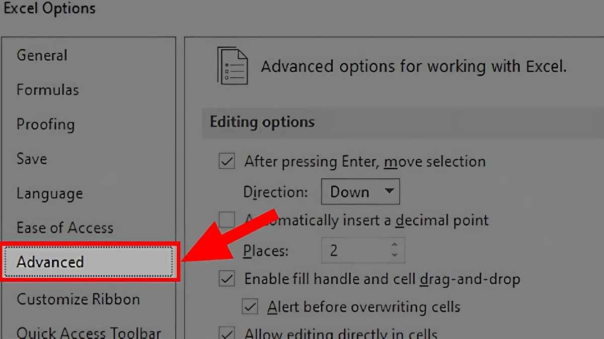 Thiết lập Number Format trong Excel Options bước 2