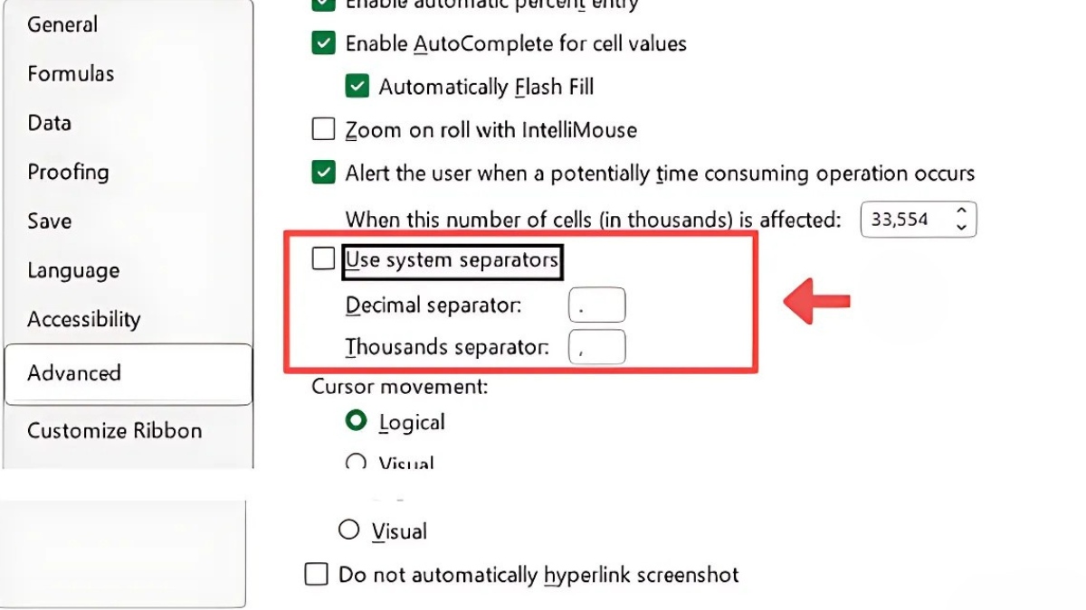 Thiết lập Number Format trong Excel Options bước 3