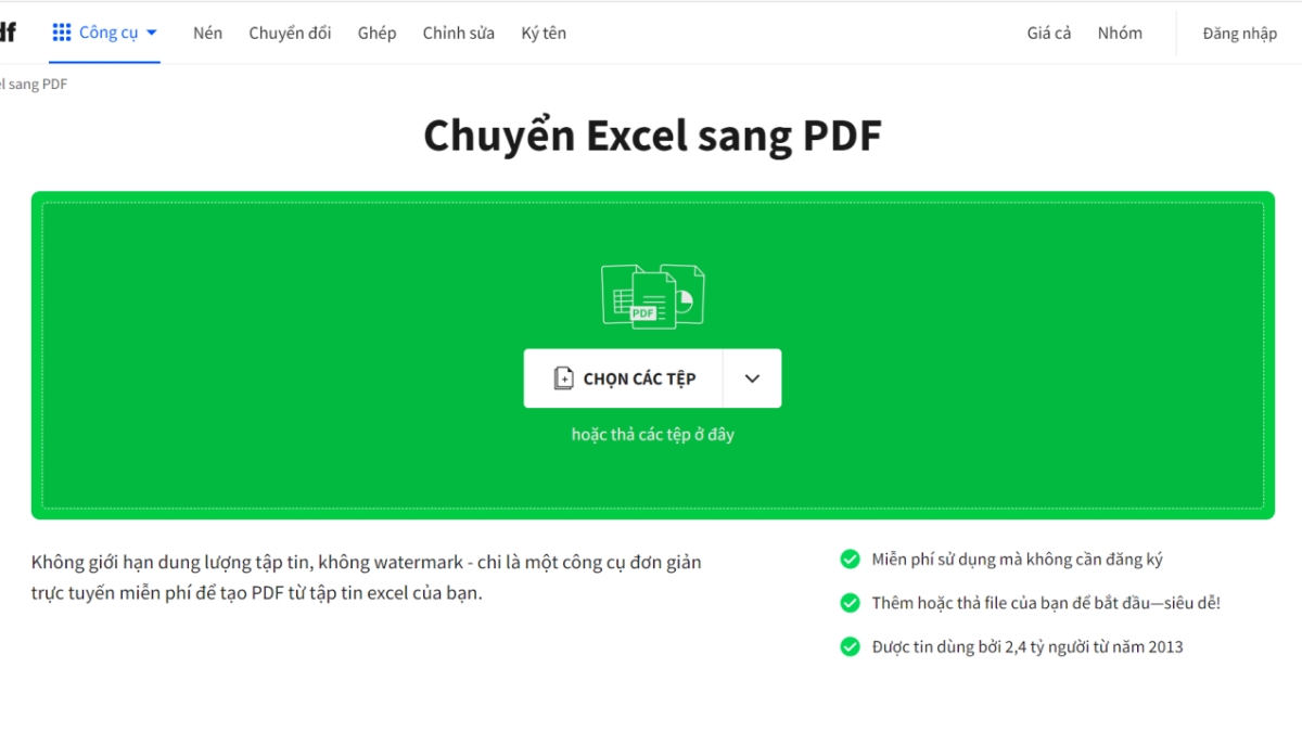 Cách chuyển file Excel sang PDF không bị cắt bằng smallpdf - bước 2