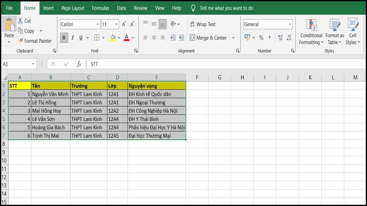 cách copy bảng Excel bằng tổ hợp phím tắt bước 1