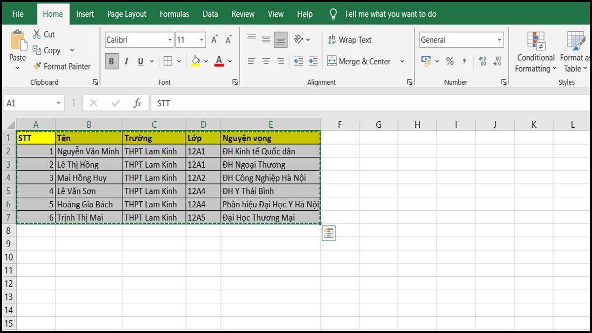 cách copy bảng Excel bằng tổ hợp phím tắt bước 2