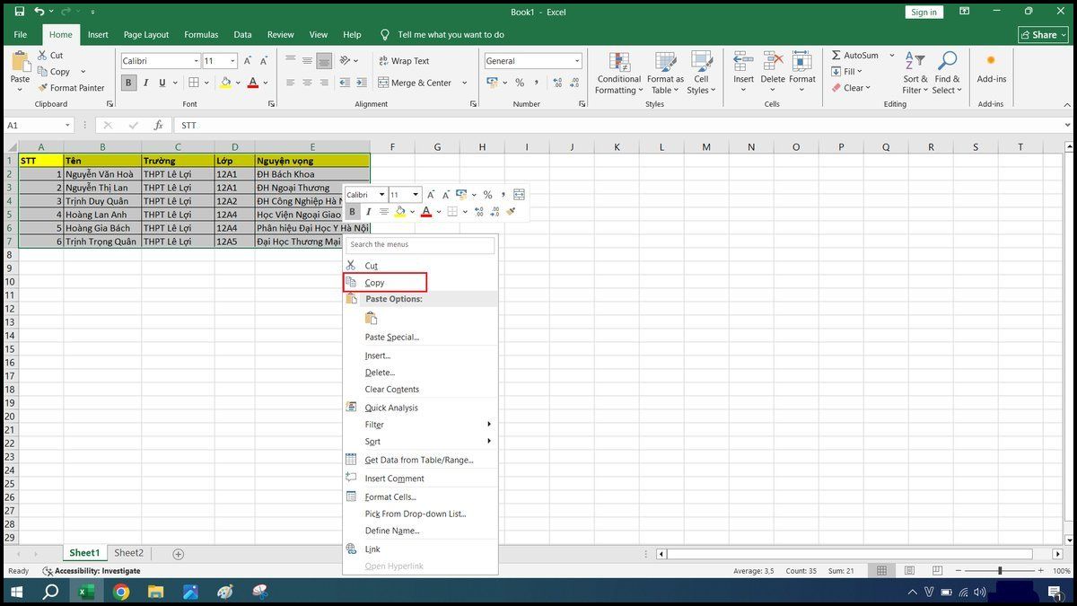 cách copy bảng Excel bằng chuột phải bước 2