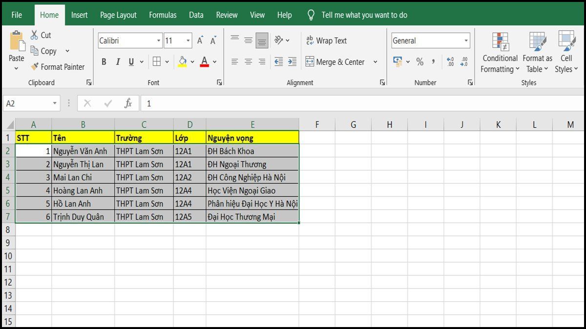 Cách copy bảng Excel bằng paste special bước 1