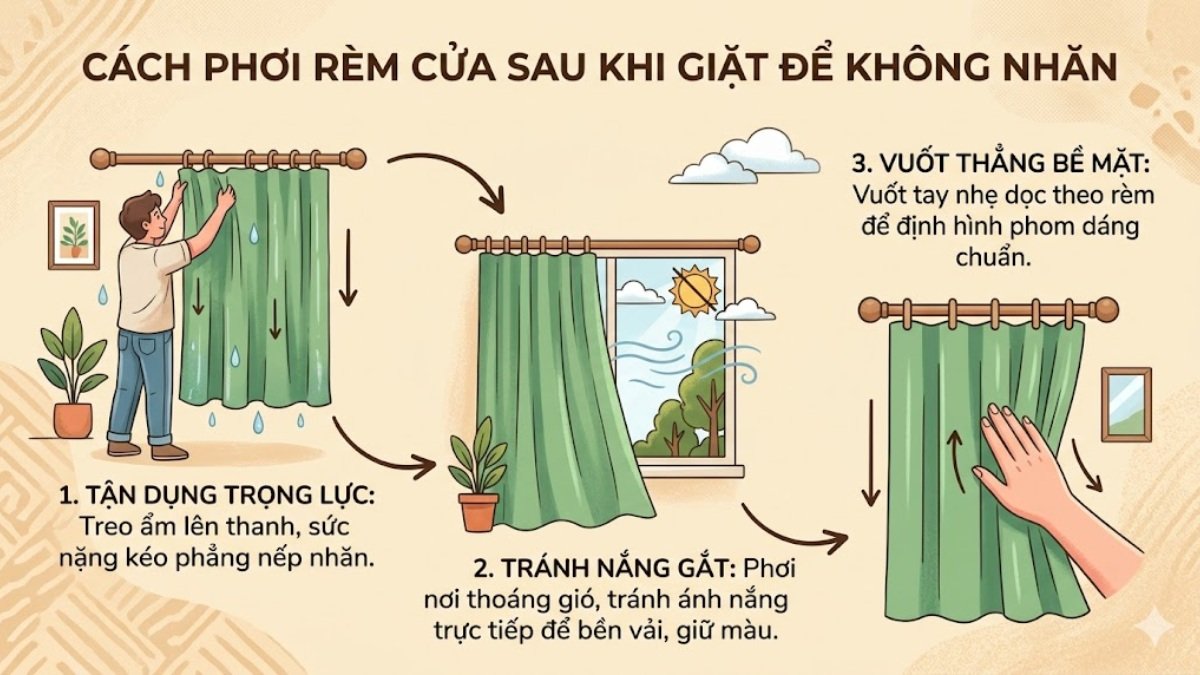 Cách phơi rèm cửa sau khi giặt để không nhăn