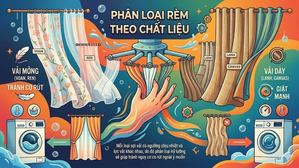 chuẩn bị trước khi thực hiện cách giặt rèm cửa bằng máy giặt - phân loại rèm