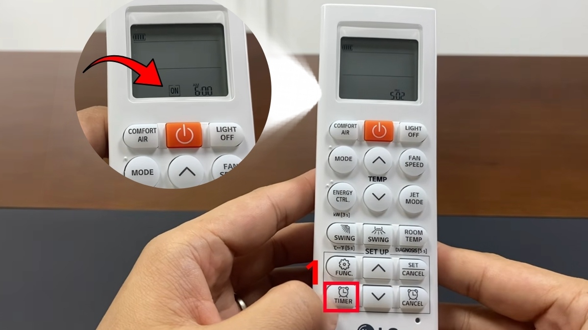 cách hẹn giờ điều hòa LG khi bật bước 1