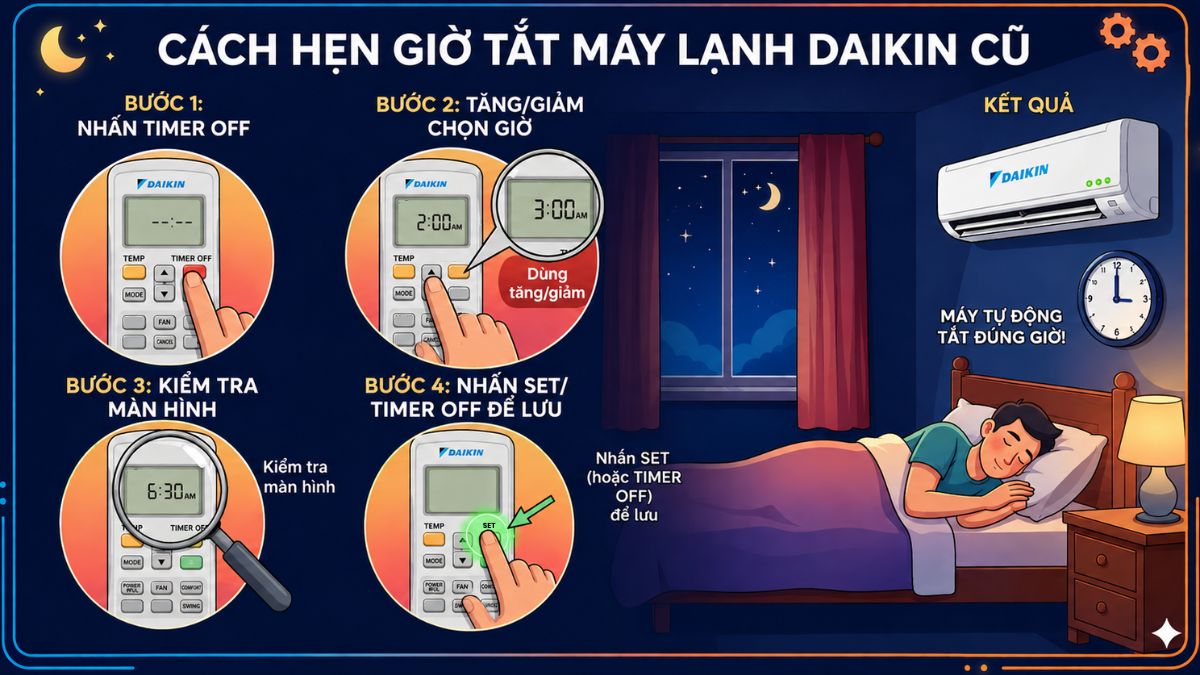 Cách hẹn giờ máy lạnh Daikin thế hệ cũ để tắt máy