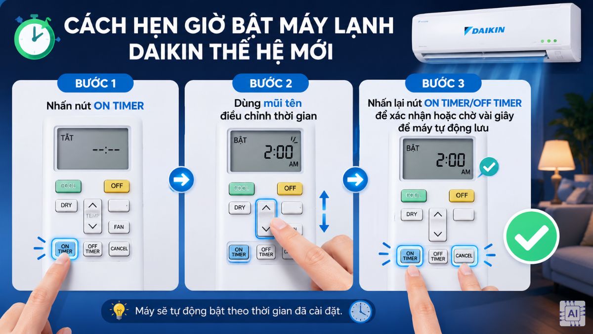 Cách hẹn giờ máy lạnh Daikin thế hệ mới để bật máy