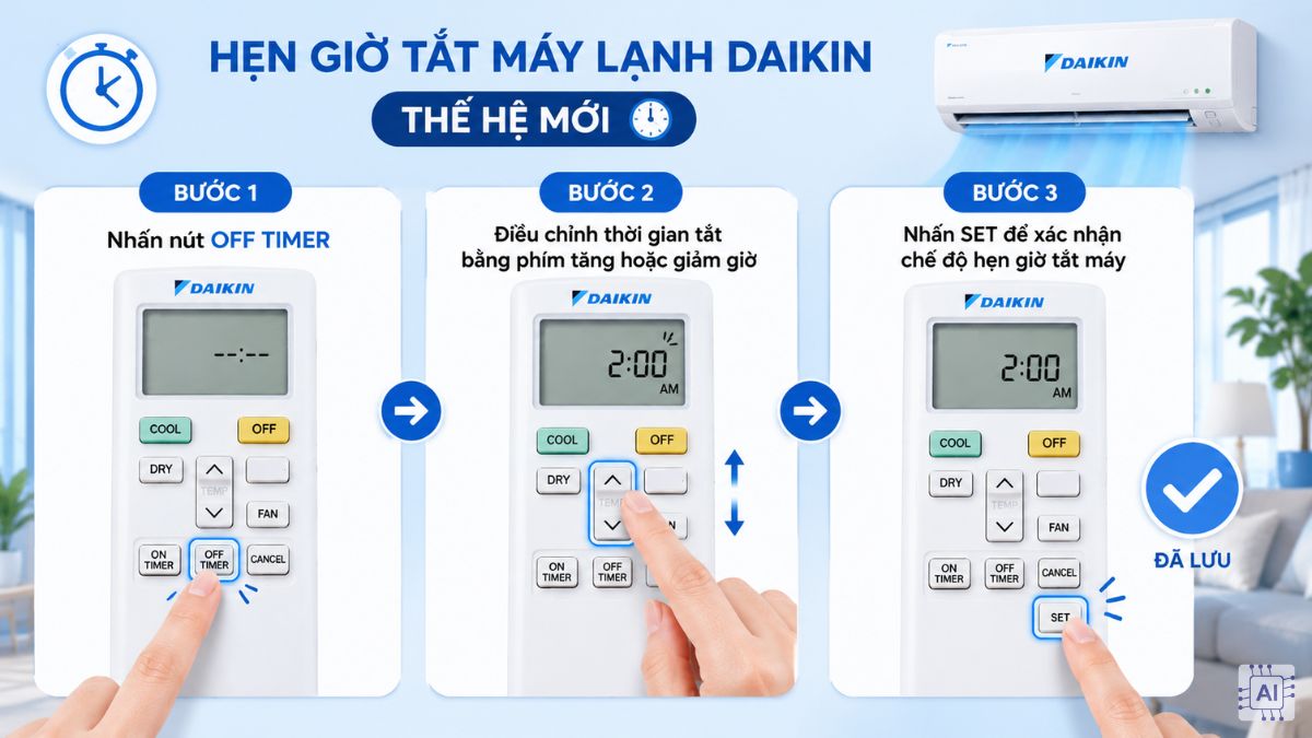 Cách hẹn giờ máy lạnh Daikin thế hệ mới để tắt máy