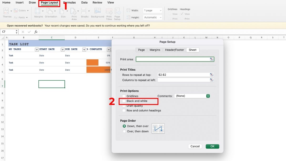 Cách in màu trên máy tính đối với tài liệu excel - bước 1