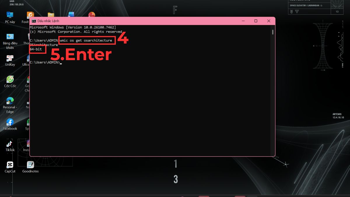 Cách kiểm tra máy tính 32 hay 64 bit bằng sử dụng lệnh command line bước 4