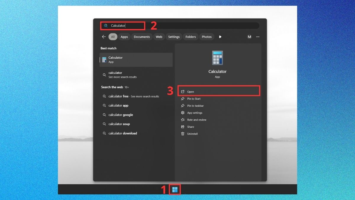 cách mở Calculator trên máy tính bằng Windows Search bước 1