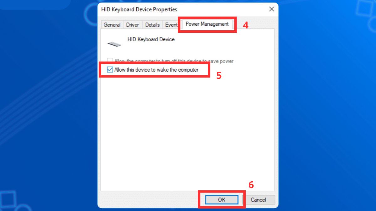 Cách thiết lập để bàn phím có thể mở máy từ chế độ Sleep bước 3