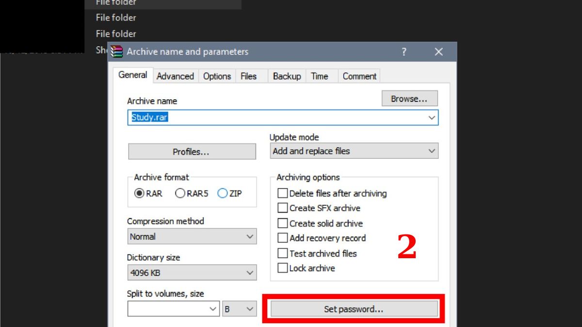 Cách đặt mật khẩu file nén bằng WinRAR - bước 2