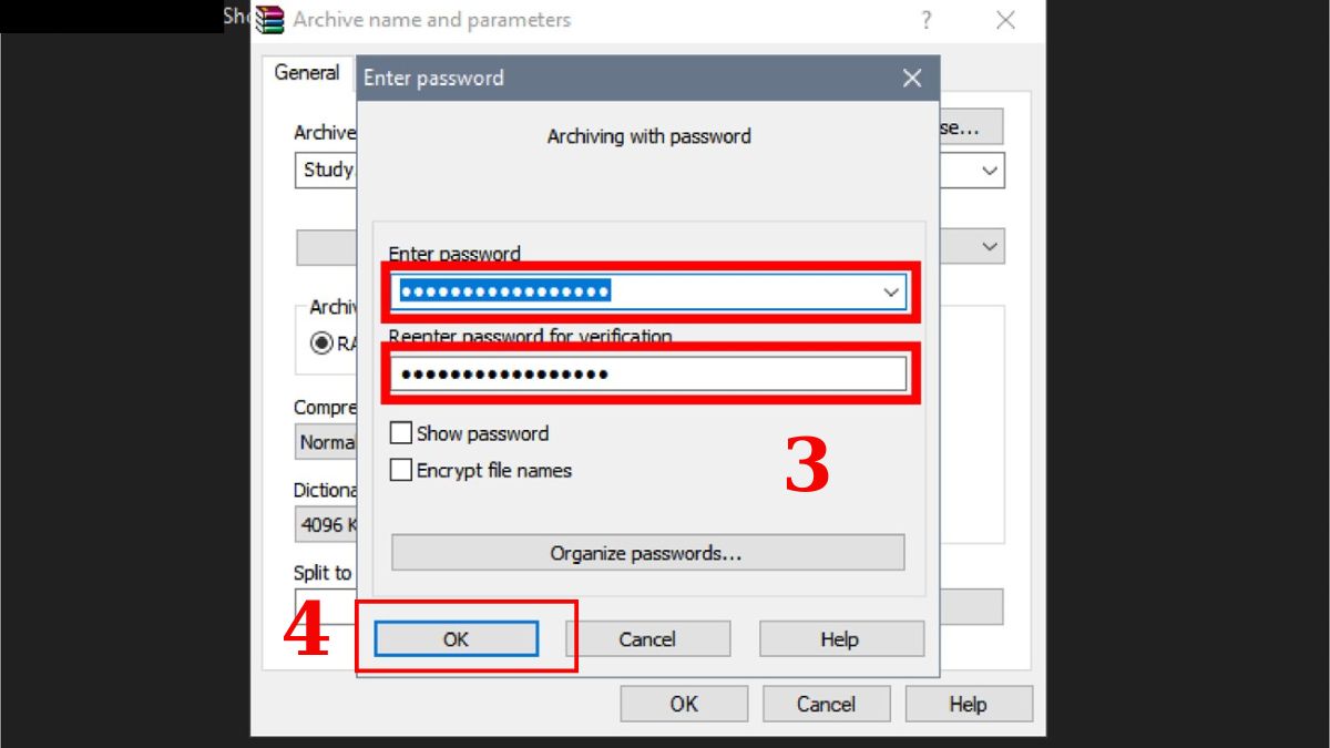 Cách đặt mật khẩu file nén bằng WinRAR - bước 3
