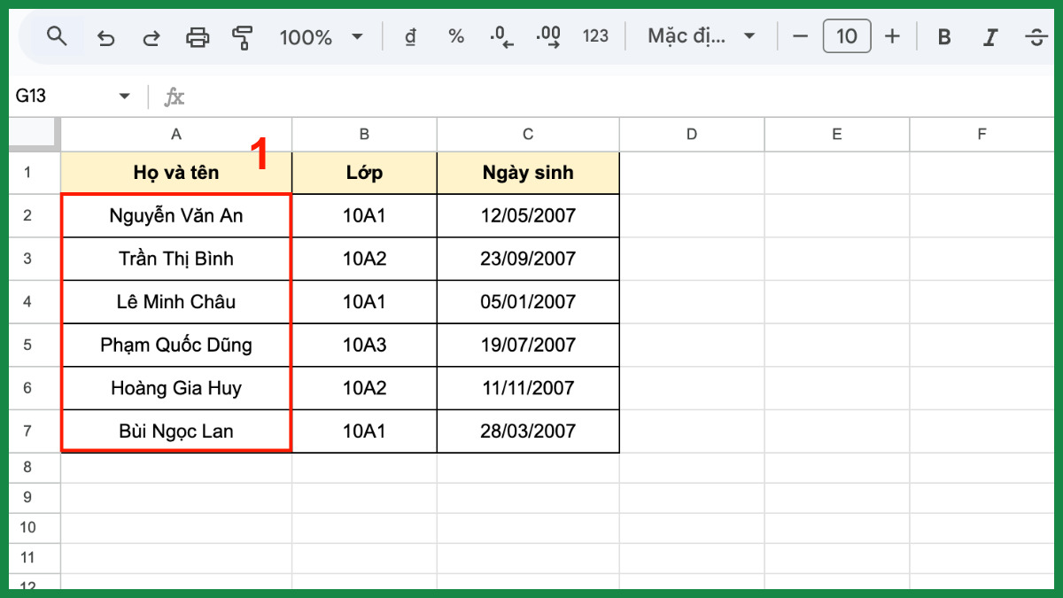 Cách sắp xếp tên theo ABC trong Google Sheet cho dữ liệu một cột bước 1