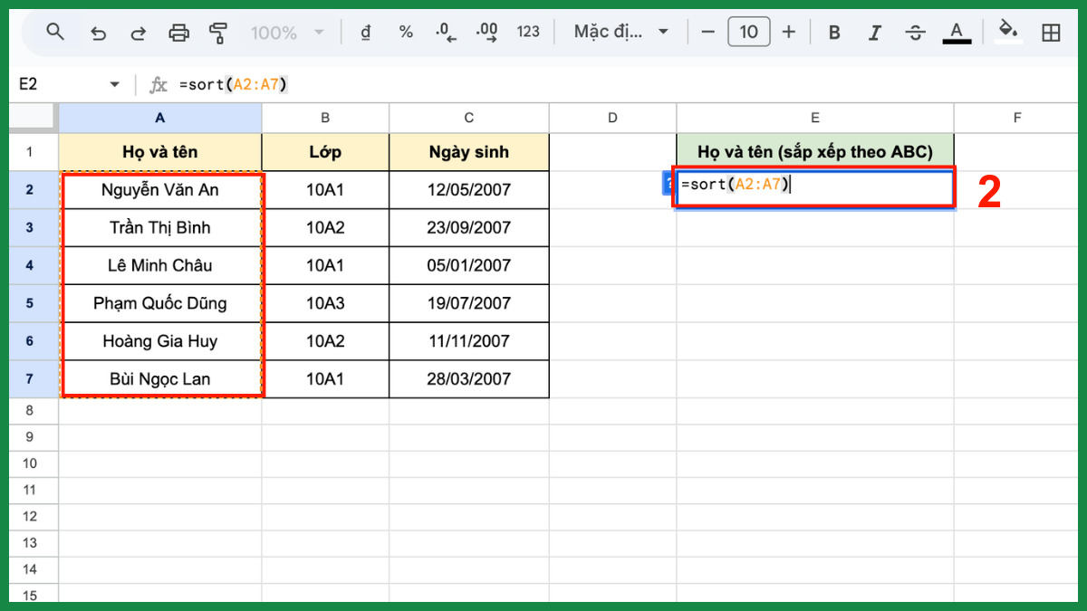 Cách sắp xếp tên theo ABC trong Google Sheet cho dữ liệu một cột bước 2