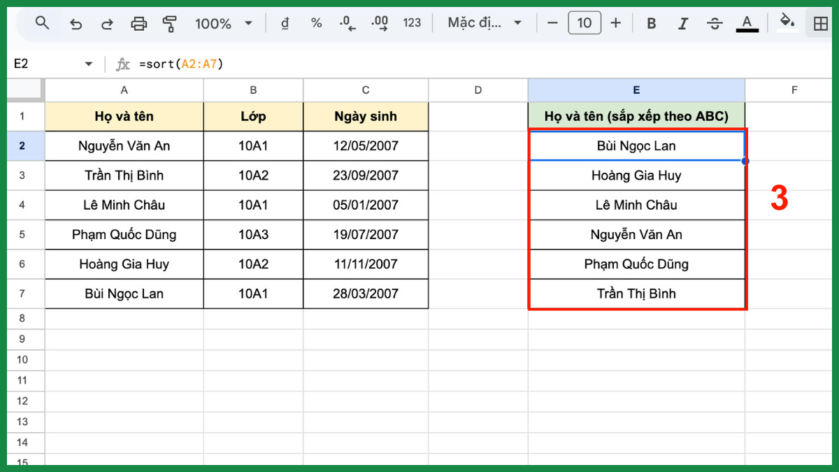 Cách sắp xếp tên theo ABC trong Google Sheet cho dữ liệu một cột bước 3