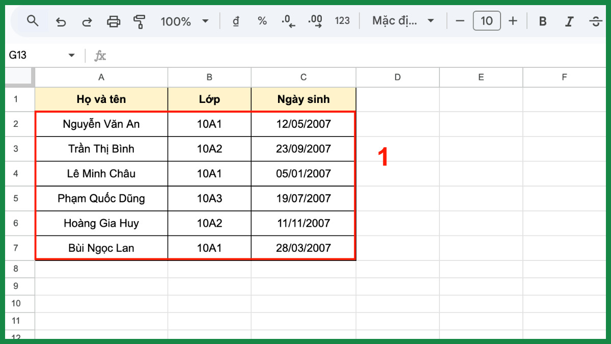 Cách sắp xếp tên theo ABC trong Google Sheet cho dữ liệu nhiều cột bước 1