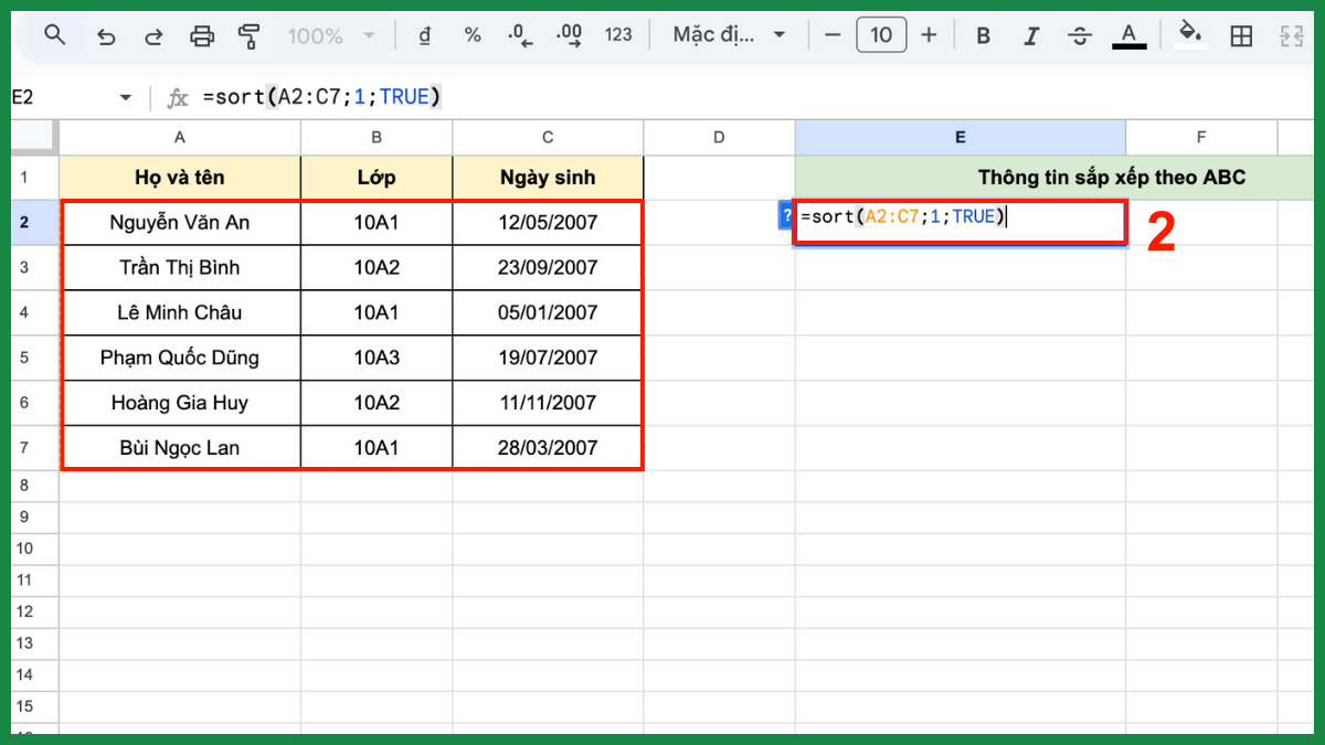 Cách sắp xếp tên theo ABC trong Google Sheet cho dữ liệu nhiều cột bước 2