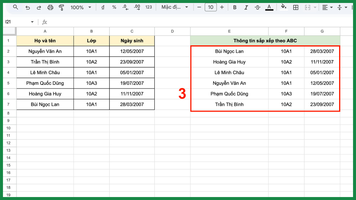Cách sắp xếp tên theo ABC trong Google Sheet cho dữ liệu nhiều cột bước 4