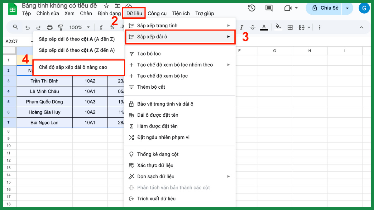 Sắp xếp bằng cách sử dụng các tùy chọn có sẵn bước 2
